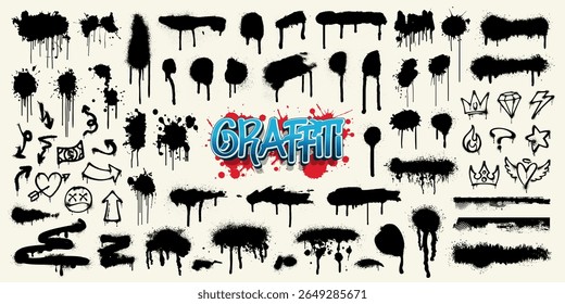 Collection of graffiti spray pattern, symbol, heart, crown, arrow or star with grunge texture. Graffiti stencil, paint brush stroke banner, ink splash or black watercolor drop. Doodle frame background