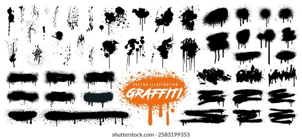 Collection of graffiti stain, ink splatter silhouette, street art stencil, dirty paint brush stroke, texture, grunge banner, frame, doodle sketch, watercolor splash, spray and water drip. Graffiti art