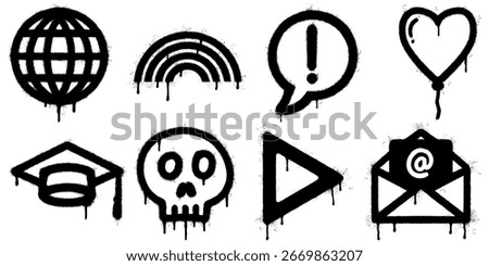 Collection of graffiti stencil icons spray painted in black on a white wall. Includes globe, rainbow, exclamation mark, heart balloon, graduation cap, skull, play button, and email envelope symbols.