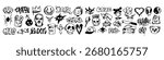 Collection of graffiti style doodles including skulls, faces, text, and symbols in black ink on white background. Concept of street art. Vector illustration