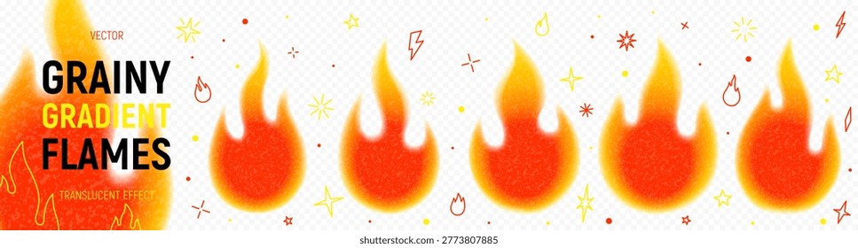 Collection of Grainy Gradient Fire Flames. Burning red, orange and yellow blaze. Bright fire flames templates with blur edges and grainy texture isolated on light background. Fire flames icons set.
