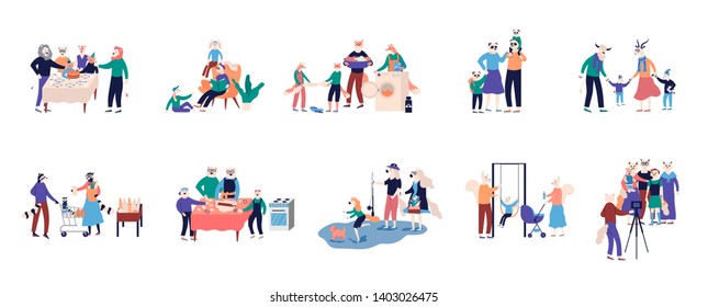 Collection of grandparents spending time with relatives illustration. Walking, reading books, shopping, celebrating birthday, buying food, cooking, home work. Flat cartoon vector set