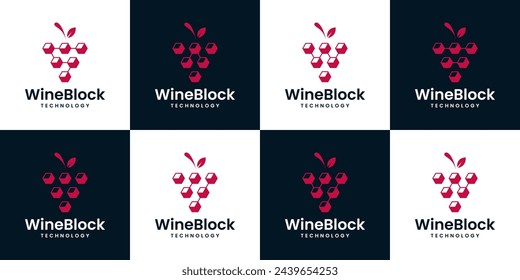 Collection of grape tech logo design template. Abstract grape logo with hexagon tech system, block chain design graphic vector illustration. Symbol, icon, creative.