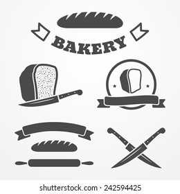 Collection of graphic bakery logos and design elements, bread, knife and ribbons