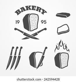 Collection of graphic bakery logos and design elements, bread, knife and flame