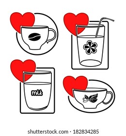 Collection of graphic black-and-white icons. Cups with hearts for tea, coffee, juice and milk.  