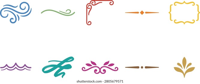 Collection of graphic design elements for embellishment. Ideal for invitations stationery and digital layouts requiring a refined touch.