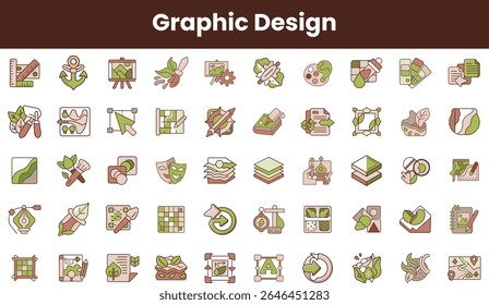 A collection of graphic design icons in green and brown tones, showcasing tools and elements related to creativity and design processes.