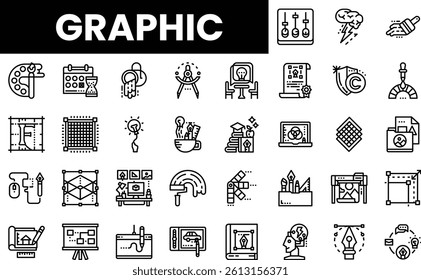 Collection of graphic design icons in a minimalist style featuring various tools and concepts.