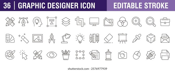 Collection of graphic designer icons. Creative, tools, inspiration, design, sketch. Vector design template, signs, symbols, editable stroke.