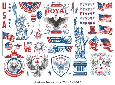 A collection of graphic designs featuring iconic American symbols such as the Statue of Liberty eagles flags and stars. These designs celebrate patriotism and national pride.
