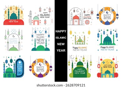 Collection of graphic designs featuring mosque icons, lanterns, geometric shapes, and vibrant colors, marking the happy Islamic New Year celebrations.