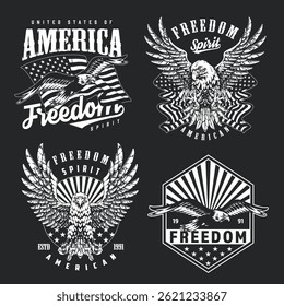 A collection of graphic designs showcasing symbols of American patriotism. Features eagles stars and stripes each representing freedom and national pride in a bold black and white palette.