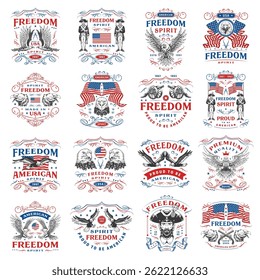 A collection of graphic designs showcasing symbols of American freedom. Each design features eagles flags and messages about patriotism and pride in being American.