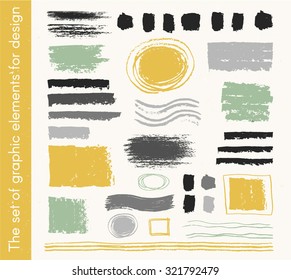 A collection of graphic elements for design in the form of spots of paint drawn with chalk, marker, pastel or pencil on black Board. Set of brush strokes in the form of strips stains touches.