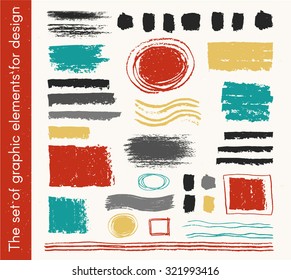 A collection of graphic elements for design in the form of spots of paint drawn with chalk, marker, pastel or pencil on black Board. Set of brush strokes in the form of strips stains touches.