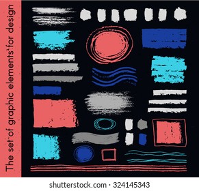 A collection of graphic elements for design in the form of spots of paint drawn with chalk, marker, pastel or pencil on black Board. Set of brush strokes in the form of strips stains touches.