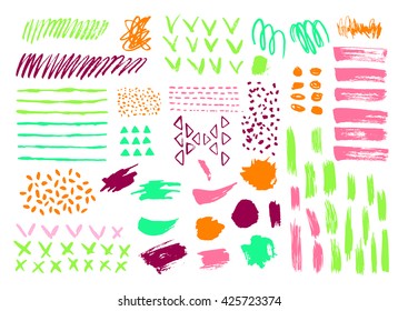 Collection of graphic elements for design, paint drawn with chalk, marker, pastel and pencil on white background. Set of brush strokes.  Hand Drawn textures made with ink. 