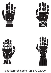 Eine Kollektion von grafischen Elementen mit einer futuristischen Roboterhand in einem unverwechselbaren Silhouettenstil, die KI und Technologie repräsentiert.