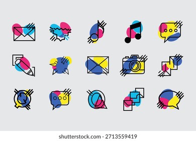 Uma coleção de elementos gráficos com ícones representando ferramentas de comunicação mídia e rede em um estilo artístico moderno Os ícones exibem símbolos como um envelope uma câmera uma nota de música bate-papo 