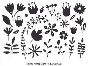 Collection of graphic elements: flowers, plants.  Hand drawn elements in Scandinavian style