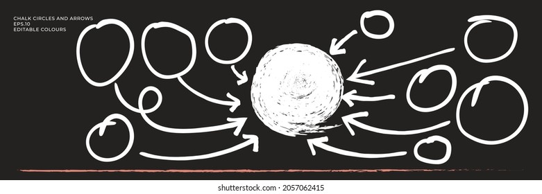 Collection of graphic elements. Hand drawn chalk sketch on a blackboard. Arrows and circles