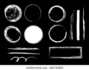 Collection of graphic elements. Hand drawn chalk sketch on a blackboard. Arrows, frames, strokes and circles