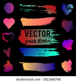 Collection of graphic elements - hearts, frames, rectangle, oval and round shapes. Colored brush strokes on a black chalkboard. Vector illustration, set of elements.
