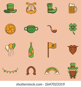 Collection of graphic elements representing various symbols commonly associated with St. Patrick's Day, displayed in a grid format.  The design style is simple line drawing with color fills. 