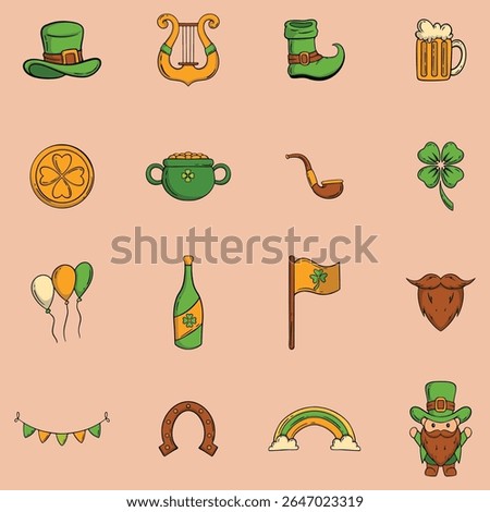 Collection of graphic elements representing various symbols commonly associated with St. Patrick's Day, displayed in a grid format.  The design style is simple line drawing with color fills. 