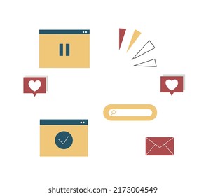 Colección de elementos gráficos que se utilizan en sitios web. Buscar contenido, información a través de motores de búsqueda. Reacciones en medios sociales. Ilustraciones de vectores planos de dibujos animados aisladas en fondo blanco