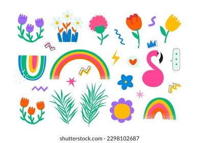 Collection of graphic elements in vivid vibrant colors to create summer cards posters and invitations. Isolated vector flowers leaves rainbows flowers  and abstract shapes