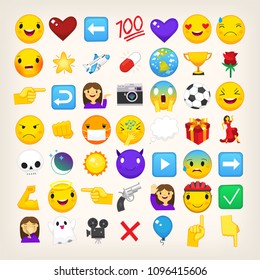 Collection of graphic emoticons, signs and symbols used in online chats. Cartoon style vector icons. Cute and funny characters and emojis. List of popular emoticons. Find more in my portfolio