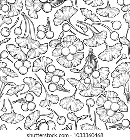 Collection of graphic ginkgo biloba leaves and berries. Vector natural seamless pattern drawn in engraving technique. Coloring book page design