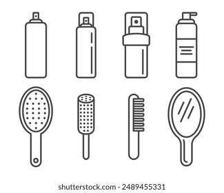 Collection of graphic icons of combs, hair brushes and hairspray.