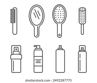 Collection of graphic icons of combs, hair brushes and hairspray.