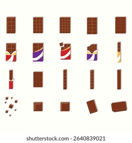 Collection of graphic illustrations depicting different representations of chocolate bars, including whole bars, bars in wrappers, broken pieces, and pieces scattered.  