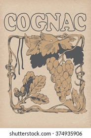 collection of graphic label. graphic symbol of cognac. grape branch. hand drawn. vector illustration