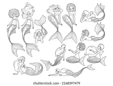 Collection of graphic mermaids with the diverse appearances, caucasian and african sirens. Vector set isolated on white background