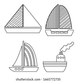 Collection with graphic ships, sailboats and yachts. Black outline. Sea and ocean transport. Stripes on sails. Nautical traveling. Summer print. For coloring book. For kids. For children drawing