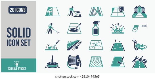 A collection of graphic symbols depicting surface care and upkeep tasks. Useful for construction or home improvement service providers.