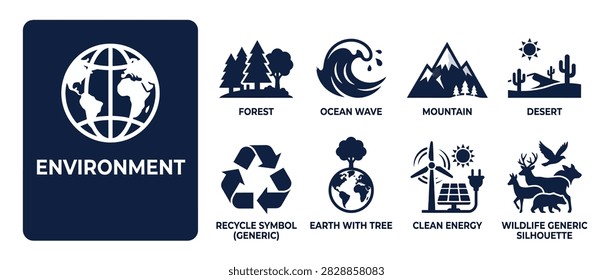 Collection of graphic symbols representing forest, ocean, mountain, desert, recycling, earth, and energy.