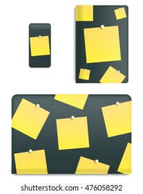 Collection graphics covers for technology device. Template case or sticker for mobile phone, tablet and notebook. Mockup for branding, advertising, business and corporate identity. Vector illustration