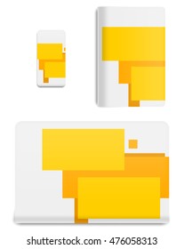 Collection graphics covers for technology device. Template case or sticker for mobile phone, tablet and notebook. Mockup for branding, advertising, business and corporate identity. Vector illustration