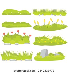 Collection of grass and bushes vector elements in cartoon style. Flat design clipart landscape
