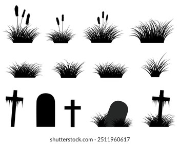 Collection of grass and gravestones in silhouette elements design for Halloween. Vector illustration.