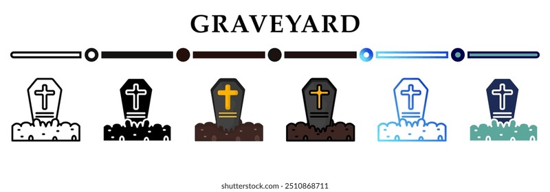 Collection of graveyard icons in various styles. Funeral gravestone on creepy concept on halloween. Happy halloween. 