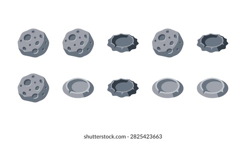 collection of gray asteroids and meteorites with craters and irregular shapes showing textured rocky surfaces in outer space background