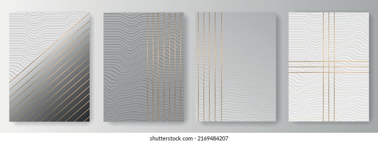 Collection of gray backgrounds with waves and golden lines