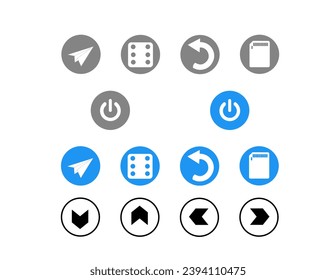 a collection of gray and blue buttons with a white logo